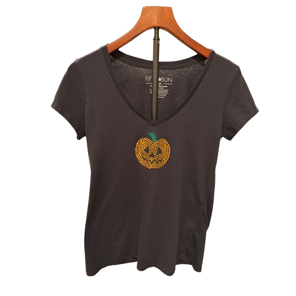 FIFTH‎ SUN Womens Black Rhinestone Pumpkin Halloween V Neck T Shirt L runs small